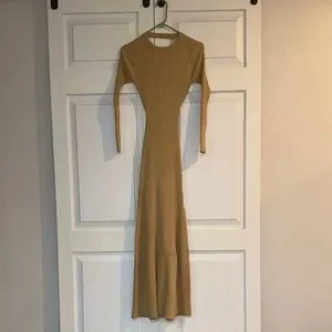 beige bardot dress Knit Bardot Shoulder Midi Dress Beige